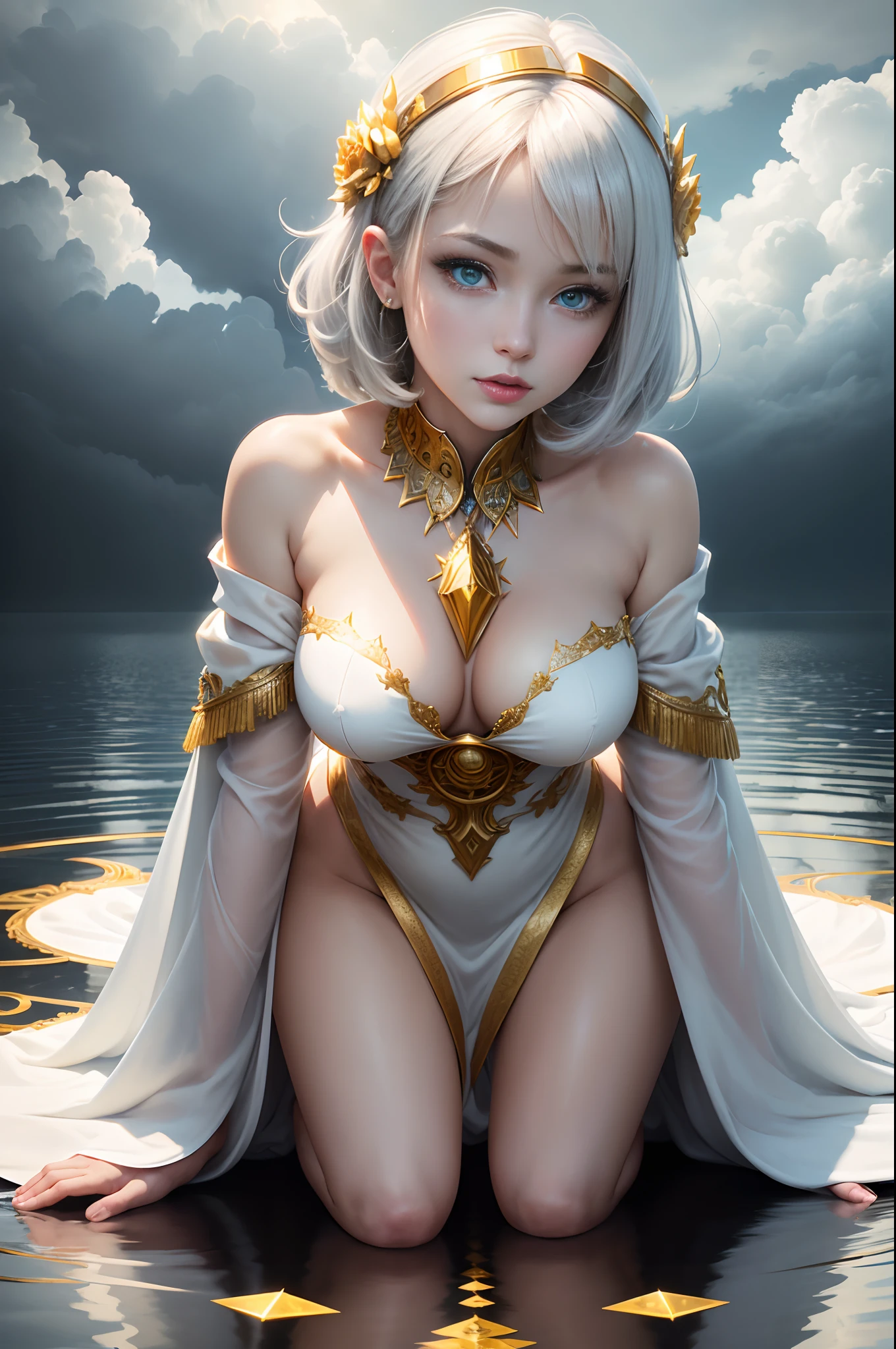 Goddess on all fours is an invincible masterpiece, Ultra photo realsisim, Perfect Artwork, Intricate details, Best Quality, strong lights, High contrast, White and golden robes and white and golden skirts(makina:1.2)(masutepiece) , (Best Quality) , (Highly detailed wallpapers CG Unity 8k) , (best character detail:1.36), wet lands, Oppressive sky, white clouds , (Delicate lines:1.24), ([Mirrors reflect water]:1.37) , (Fantasy) , cumulonimbus clouds , (The oppressive atmosphere of the host:1.14) , (cold light:1.2) , Color splattering , Colorful, full body Esbian,White background, Detailed eyes, Beautiful eyes, Detailed eyeshadow, Golden Eyes, Red Lipstick, wariza, hair adornments, Simple background, cube hair ornament,Short bob gray hair, 1womanl, hightquality　real looking skin　超A high resolution