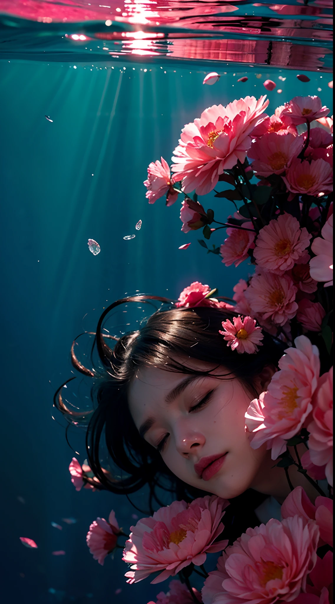 Under the water，ocean floor，The sun shines through the sea，A teenage girl，Fell asleep quietly in the water，The girl is surrounded by pink petals，fire works