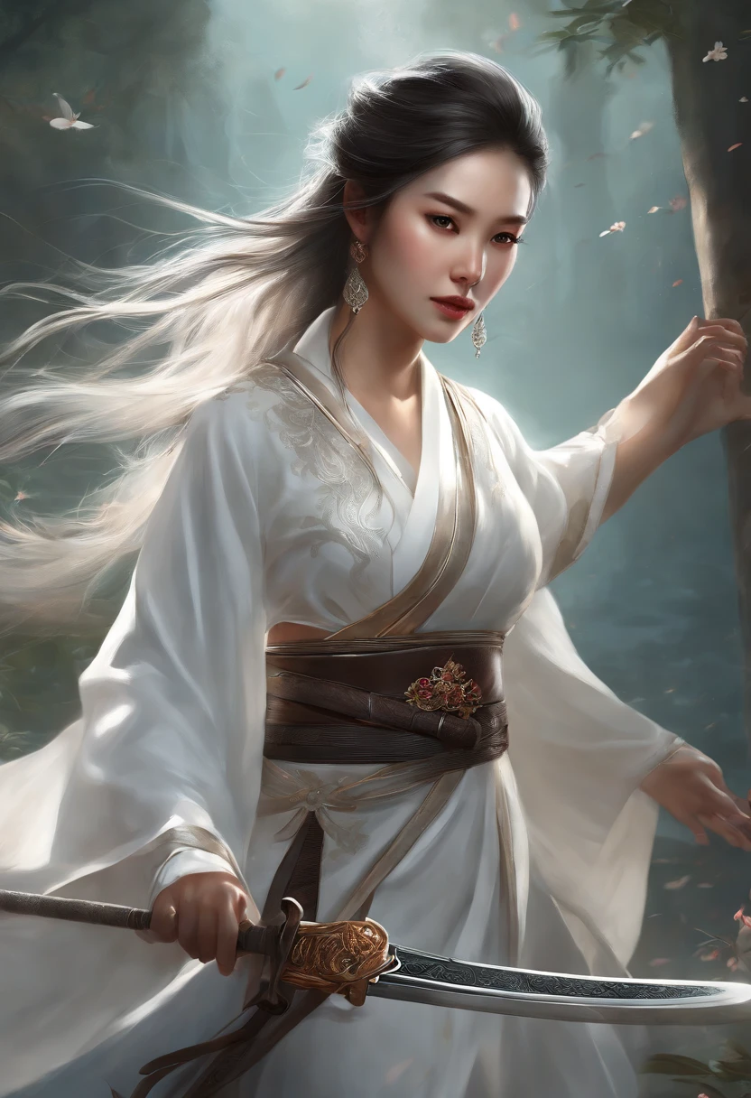 a close up of a woman in a white dress with a sword, a character portrait by Yang J, trending on CGSociety, Fantasy art, Beautiful character painting, Guviz-style artwork, Guviz, White Hanfu, Flowing white robe, full-body wuxia, epic exquisite  character art, Stunning character art, beautiful female assassin