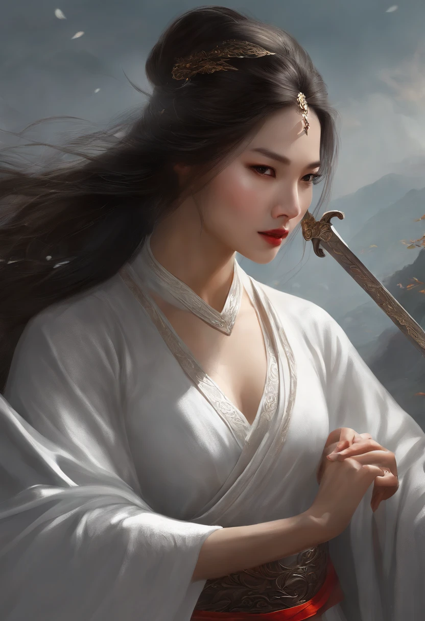 a close up of a woman in a white dress with a sword, a character portrait by Yang J, trending on CGSociety, Fantasy art, Beautiful character painting, Guviz-style artwork, Guviz, White Hanfu, Flowing white robe, full-body wuxia, epic exquisite  character art, Stunning character art, beautiful female assassin