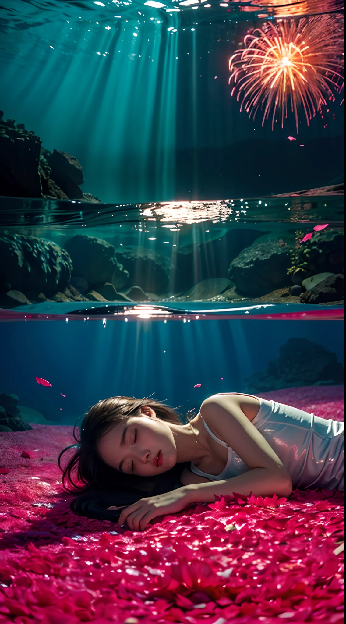 Under the water，ocean floor，The sun shines through the sea，A teenage girl，Fell asleep quietly in the water，The girl is surrounded by pink petals，fire works