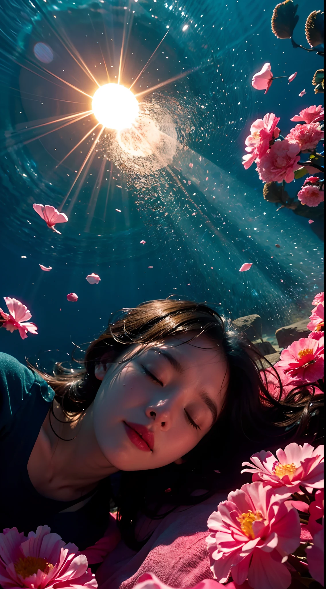 Under the water，ocean floor，The sun shines through the sea，A  girl，Fell asleep quietly in the water，The girl is surrounded by pink petals，fire works