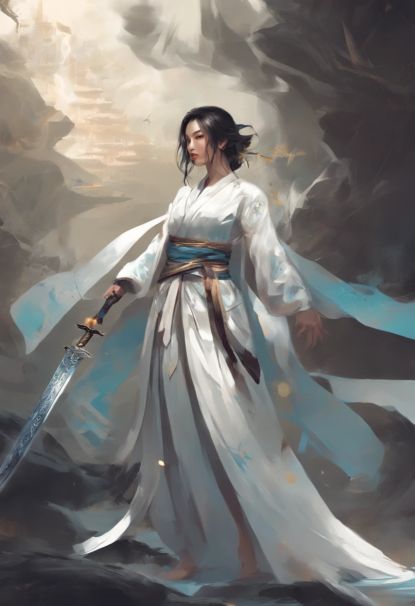 a close up of a woman in a white dress with a sword, a character portrait by Yang J, trending on CGSociety, Fantasy art, Beautiful character painting, Guviz-style artwork, Guviz, White Hanfu, flowing white robe, full-body wuxia, epic exquisite  character art, Stunning character art, beautiful female assassin