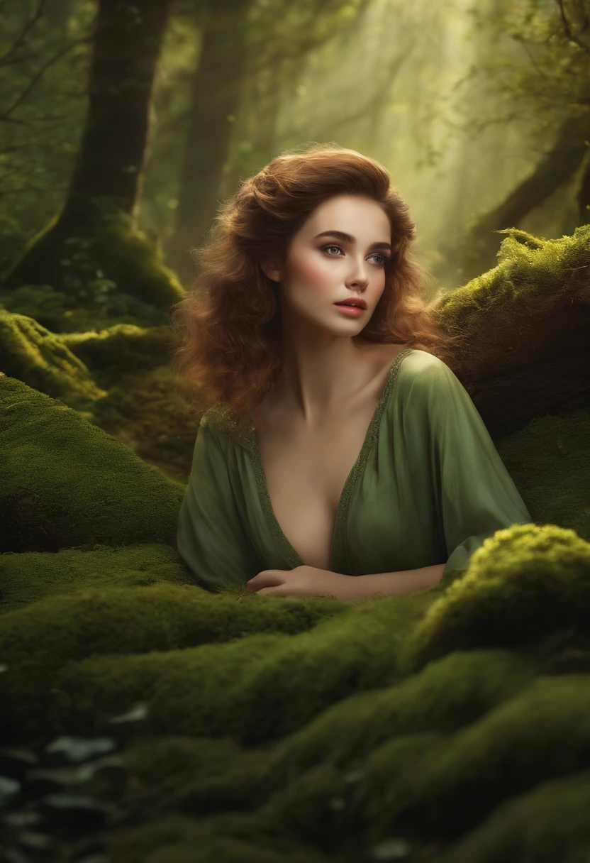 (best quality,4k,8k,highres,masterpiece:1.2) beautiful detailed eyes, beautiful detailed lips, extremely detailed eyes and face, longeyelashes, 1girl, illustrations, forest, surrealism, vibrant colors, soft lighting, moss-covered ground, magical atmosphere, curly brown hair, crossed legged, peaceful expression, nature spirits, fantasy scenery