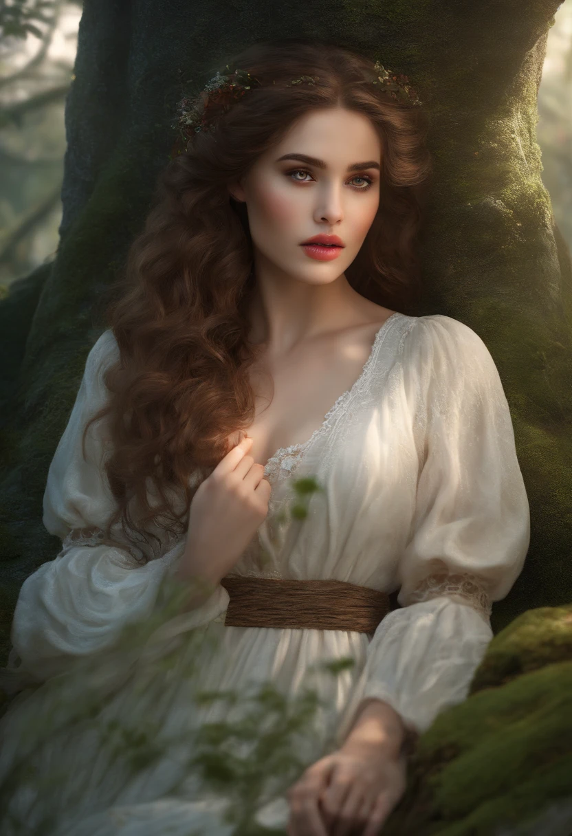 (best quality,4k,8k,highres,masterpiece:1.2) beautiful detailed eyes, beautiful detailed lips, extremely detailed eyes and face, longeyelashes, 1girl, illustrations, forest, surrealism, vibrant colors, soft lighting, moss-covered ground, magical atmosphere, curly brown hair, crossed legged, peaceful expression, nature spirits, fantasy scenery