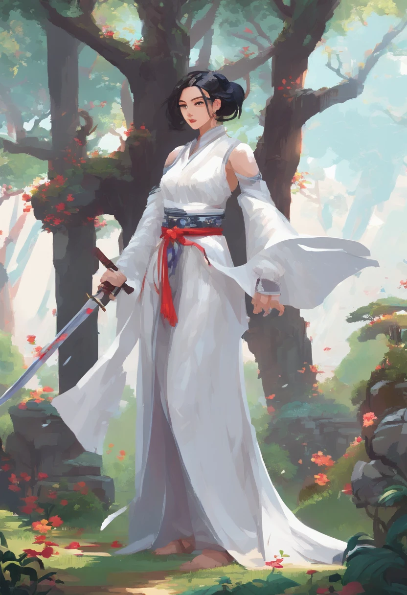 a close up of a woman in a white dress with a sword, a character portrait by Yang J, trending on CGSociety, Fantasy art, Beautiful character painting, Guviz-style artwork, Guviz, White Hanfu, flowing white robe, full-body wuxia, epic exquisite character art, Stunning character art, beautiful female assassin