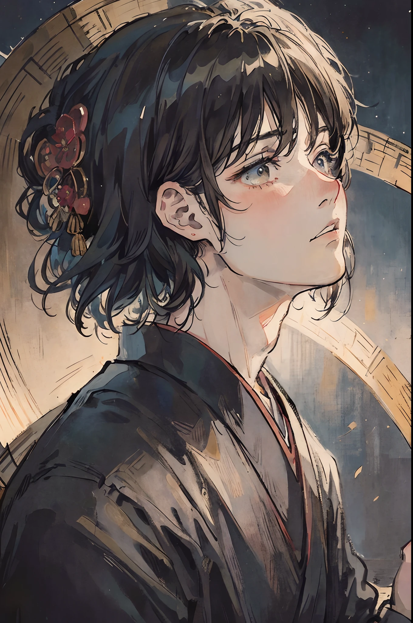 ​masterpiece、top-quality、Young man in Japan kimono、Determined face、Beautiful young man、up、close、world masterpiece theater、Ultra-fine、top-quality、A dark-haired、Very elaborate、nigh sky、top-quality、illustratio、Impasto、an oil painting、Realism、realisitic