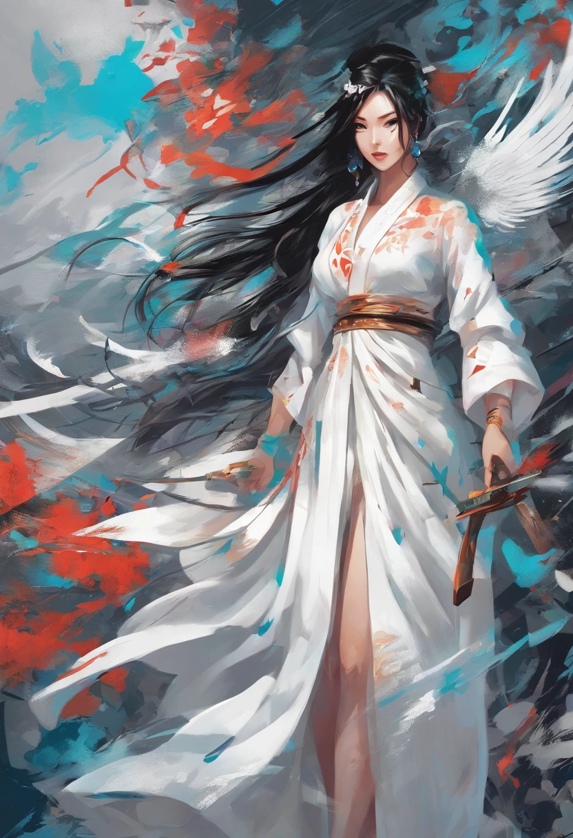 a close up of a woman in a white dress with a sword, a character portrait by Yang J, trending on CGSociety, Fantasy art, Beautiful character painting, Guviz-style artwork, Guviz, White Hanfu, flowing white robe, full-body wuxia, epic exquisite character art, Stunning character art, beautiful female assassin