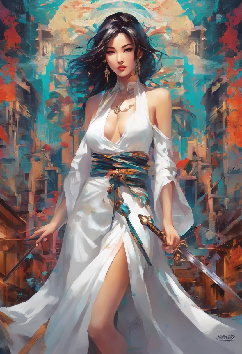 a close up of a woman in a white dress with a sword, a character portrait by Yang J, trending on CGSociety, Fantasy art, Beautiful character painting, Guviz-style artwork, Guviz, White Hanfu, flowing white robe, full-body wuxia, epic exquisite character art, Stunning character art, beautiful female assassin
