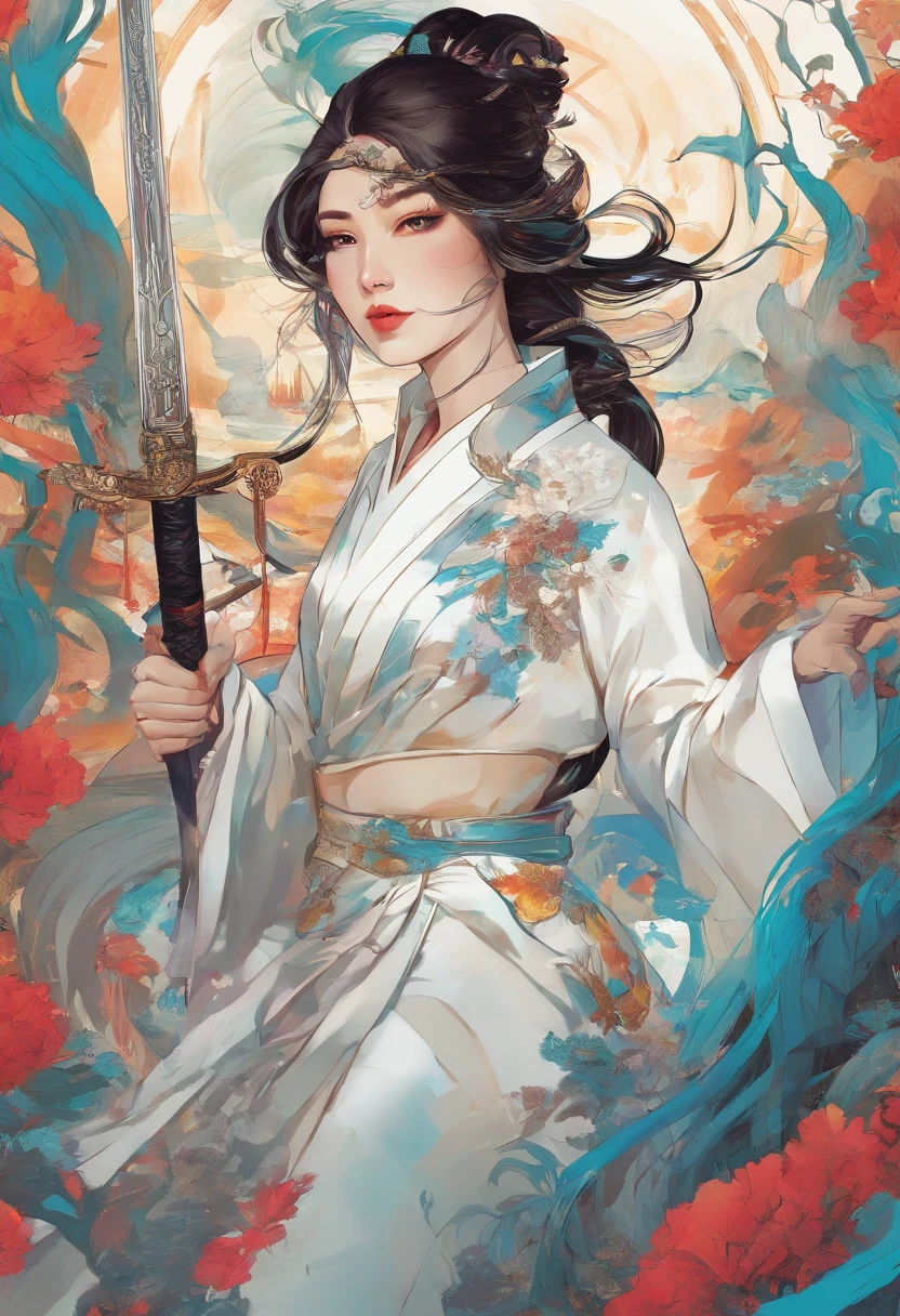 a close up of a woman in a white dress with a sword, a character portrait by Yang J, trending on CGSociety, Fantasy art, Beautiful character painting, Guviz-style artwork, Guviz, White Hanfu, flowing white robe, full-body wuxia, epic exquisite  character art, Stunning character art, beautiful female assassin