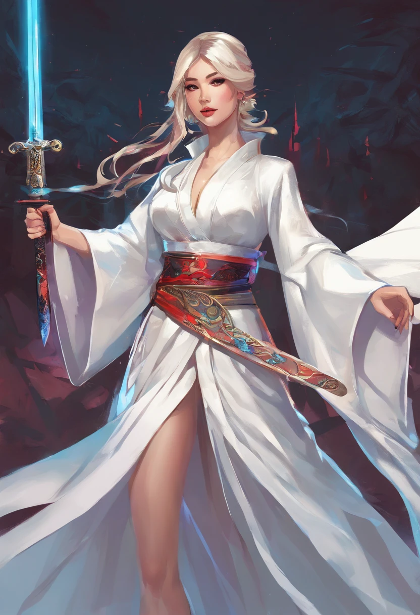 a close up of a woman in a white dress with a sword, a character portrait by Yang J, trending on CGSociety, Fantasy art, Beautiful character painting, Guviz-style artwork, Guviz, White Hanfu, flowing white robe, full-body wuxia, epic exquisite character art, Stunning character art, beautiful female assassin