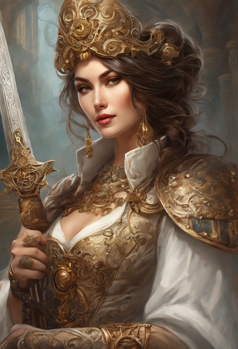 a close up of a woman in a white dress with a sword, a character portrait by Yang J, trending on CGSociety, Fantasy art, Beautiful character painting, Guviz-style artwork, Guviz, White Hanfu, flowing white robe, full-body wuxia, epic exquisite character art, Stunning character art, beautiful female assassin