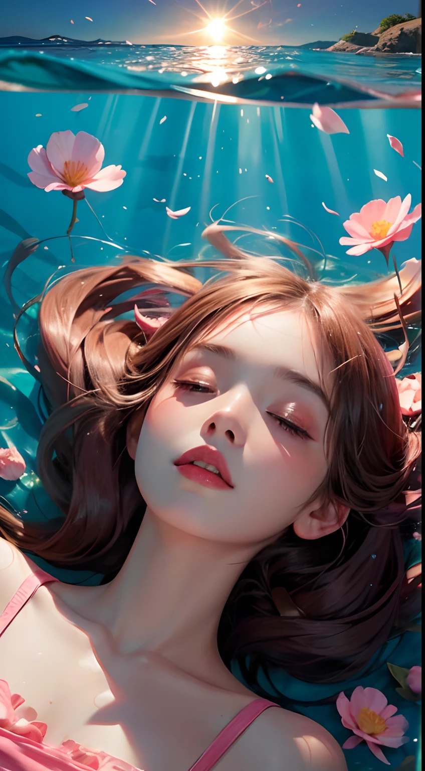 Under the water，ocean floor，The sun shines through the sea，A  girl，Fell asleep quietly in the water，The girl is surrounded by pink petals，fire works