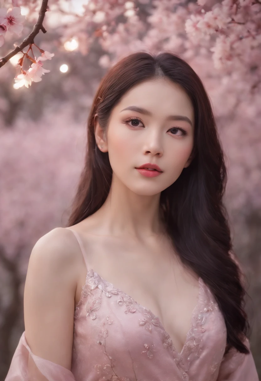 Masterpiece, Best quality, Night, Mountain, full moon, Long black hair, woman, Firefly, stars, Mysterious cherry blossom trees, Pink leaves, High quality, Beautiful graphics, High detail