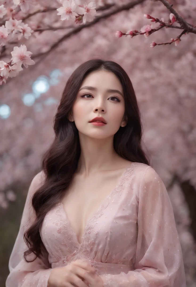 Masterpiece, Best quality, Night, Mountain, full moon, Long black hair, woman, Firefly, stars, Mysterious cherry blossom trees, Pink leaves, High quality, Beautiful graphics, High detail