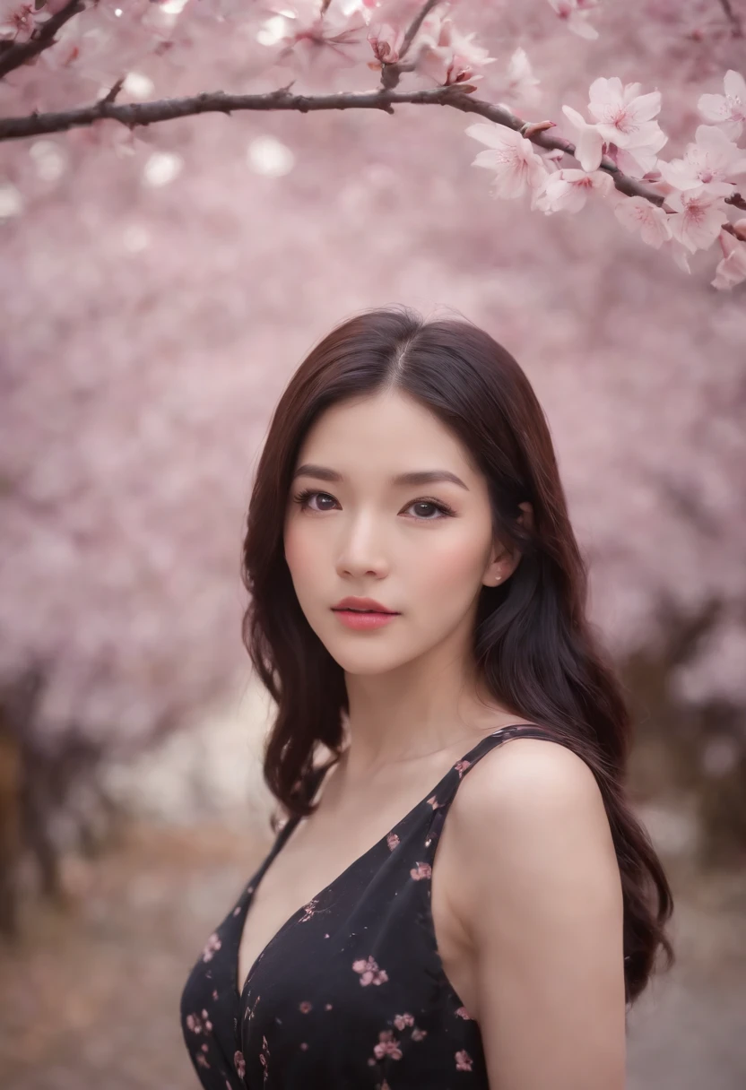 Masterpiece, Best quality, Night, Mountain, full moon, Long black hair, woman, Firefly, stars, Mysterious cherry blossom trees, Pink leaves, High quality, Beautiful graphics, High detail
