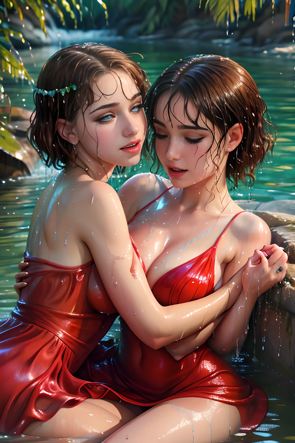 Two women sitting in the water, red dress, expensive dress, long sleeves, closeup fantasy with water magic, beautiful maidens, lesbian, looking at each other, leaning in, touching, lips touching, wearing a dress made of water, lots of cleavage, breasts touching, realistic oil painting, dripping wet, in water up to her shoulders, beautiful realistic painting, nymph in the water, hyperrealist portrait in a river, hyperrealistic fantasy art, splashing, realistic fantasy painting, cute shot, narrow depth of field, 8k, nsfw, drenched, ((soaked)), dripping water, dripping oil, heavy clothes, soaked in oil, wet all over, rouge lipstick, wet dripping hair, transparent