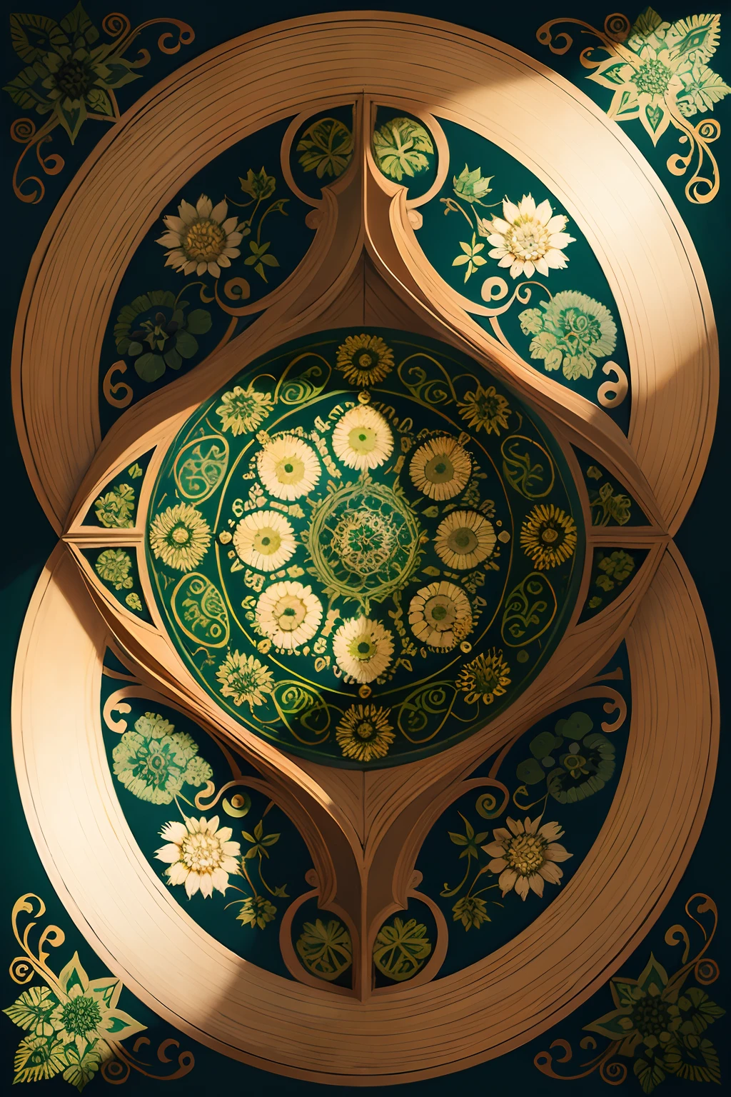 A round ornamental six pointed mandala made of green vegetation, plants, flowers and vines.