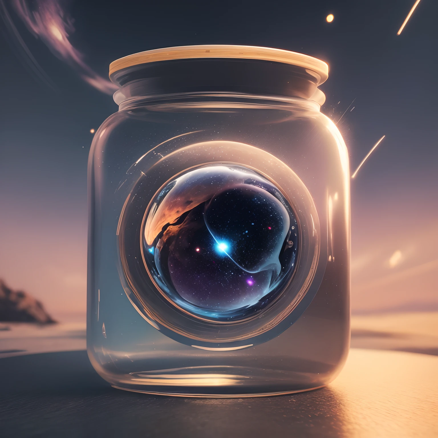 i-phone in bottle, universe background, ultra wide shot