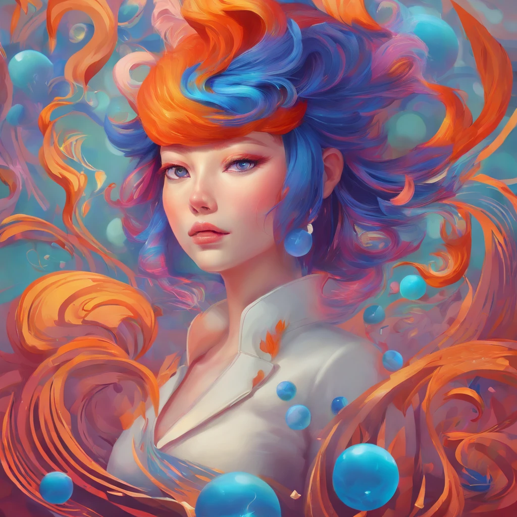 cyan colors，blue colors，enamel，agates，A flesh-colored world，Blood Girl 32K（tmasterpiece，k hd，Aoyama Pond，hyper HD，32K）Long flowing bright orange hair，blood pond，zydink， a color，Grumpy （Post-halo）， （Linen scarf）， Combat posture， looking at the ground， long whitr hair， Floating bright orange， Fire cloud pattern gold tiara， Chinese long-sleeved gold silk burgundy garment， （Abstract metaverse splash：1.2）， white backgrounid，Lotus vitality protector（realisticlying：1.4），Bright purple hair，Smoke on the road，The background is pure， A high resolution， the detail， RAW photogr， Sharp Re， Nikon D850 Film Stock Photo by Jefferies Lee 4 Kodak Portra 400 Camera F1.6 shots, Rich colors, ultra-realistic vivid textures, Dramatic lighting, Unreal Engine Art Station Trend, cinestir 800，A girl with long flowing bright orange hair，Huge multicolored bubbles