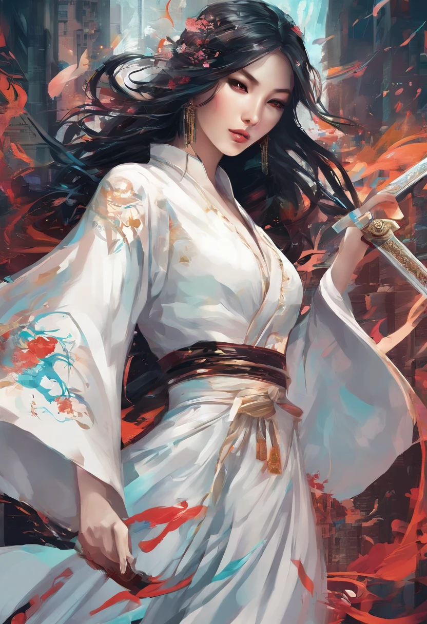 a close up of a woman in a white dress with a sword, a character portrait by Yang J, trending on CGSociety, Fantasy art, Beautiful character painting, Guviz-style artwork, Guviz, White Hanfu, Flowing white robe, full-body wuxia, epic exquisite  character art, Stunning character art, beautiful female assassin