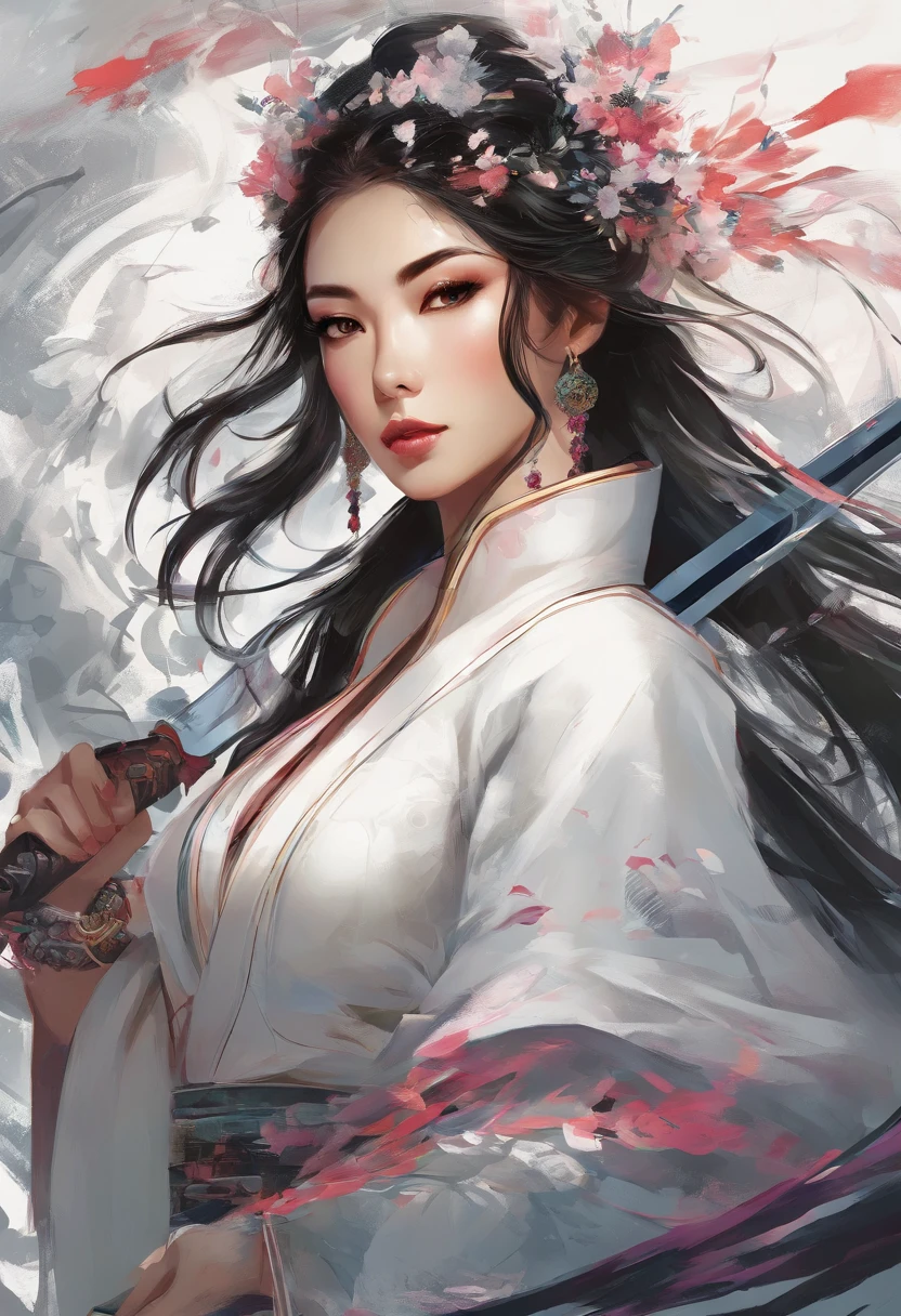 a close up of a woman in a white dress with a sword, a character portrait by Yang J, trending on CGSociety, Fantasy art, Beautiful character painting, Guviz-style artwork, Guviz, White Hanfu, Flowing white robe, full-body wuxia, epic exquisite character art, Stunning character art, beautiful female assassin