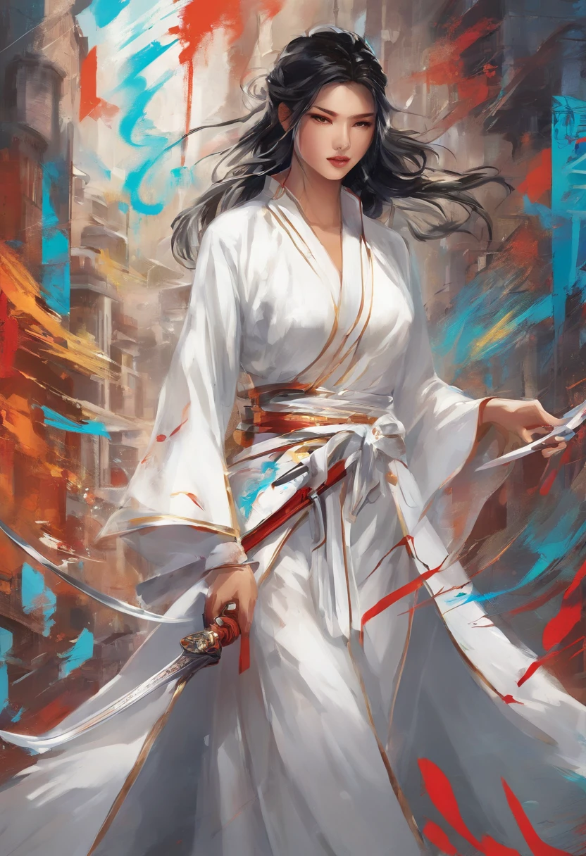 a close up of a woman in a white dress with a sword, a character portrait by Yang J, trending on CGSociety, Fantasy art, Beautiful character painting, Guviz-style artwork, Guviz, White Hanfu, Flowing white robe, full-body wuxia, epic exquisite character art, Stunning character art, beautiful female assassin