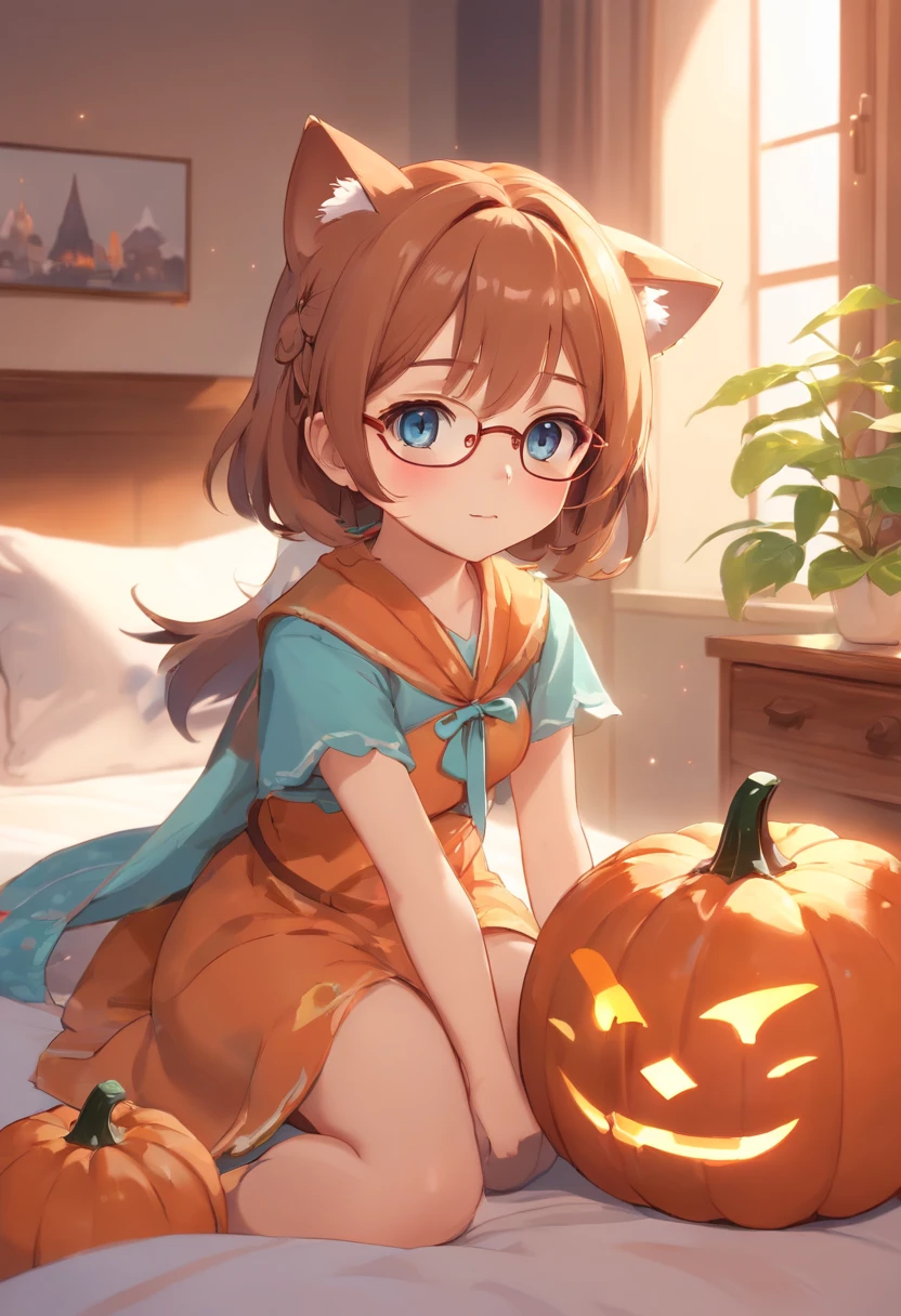Glasses、cat ear、Carrying pumpkins in groups on the bed、hight resolution、4K、8K images、Hold your head and worry,regrettable,Pop Mart Blind Box IP、100Close up portrait of cute knight doll of a person、Young One Angel Style、Wear longer, Dress fluently、Lop style、Poseline doll、Little people々々々々々々々々々々々々々々々々々々々々々々々。Little people々々々々々々々々々々々々々々々々々々々々々々々、unreal enginee 5、Light 3D/C4D production: 8K HD quality/illuminating/Ultra-fine lens description 1.5、flawless、Chibi Background/Cinematic。
