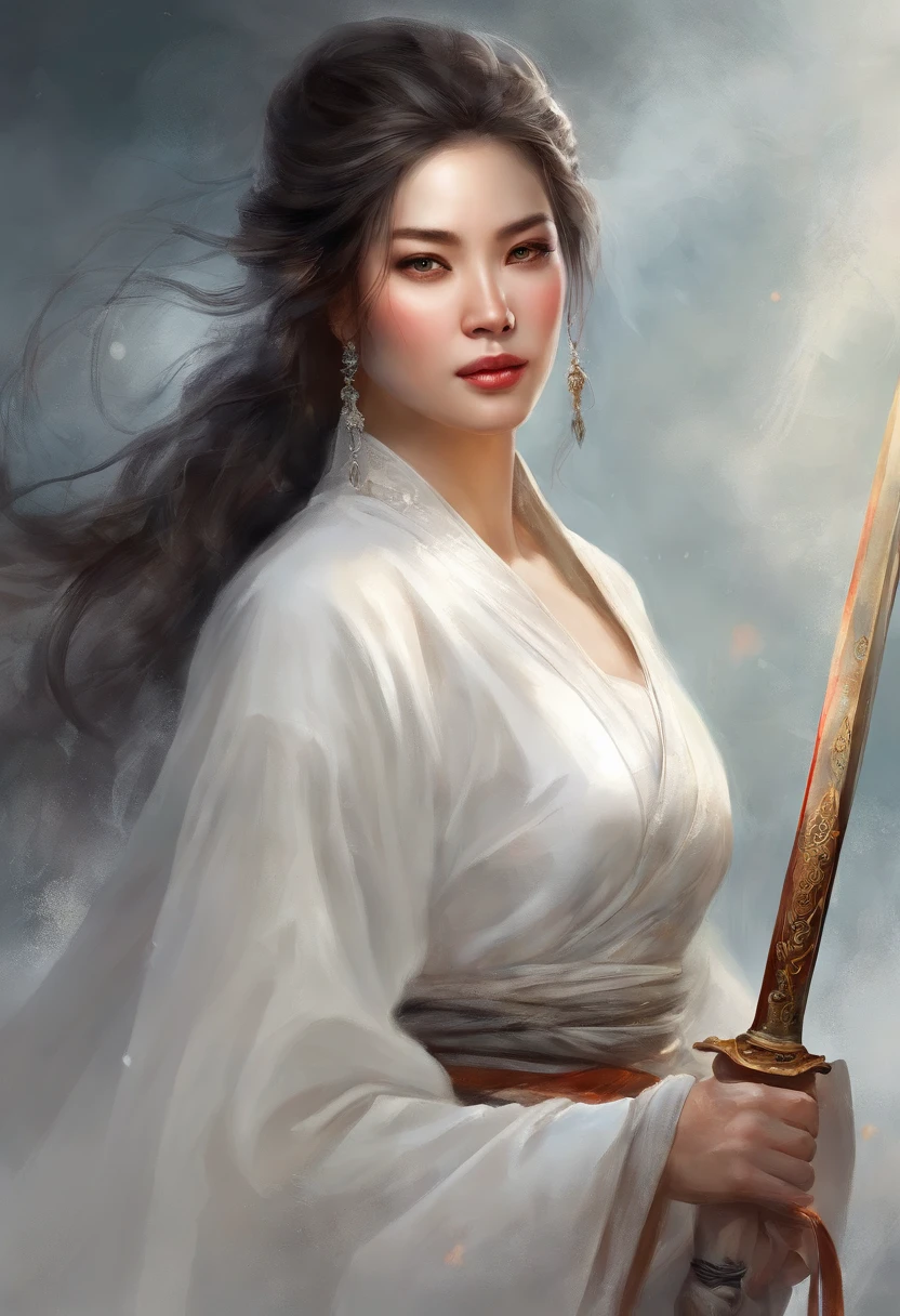 a close up of a woman in a white dress with a sword, a character portrait by Yang J, trending on CGSociety, Fantasy art, Beautiful character painting, Guviz-style artwork, Guviz, White Hanfu, Flowing white robe, full-body wuxia, epic exquisite character art, Stunning character art, beautiful female assassin