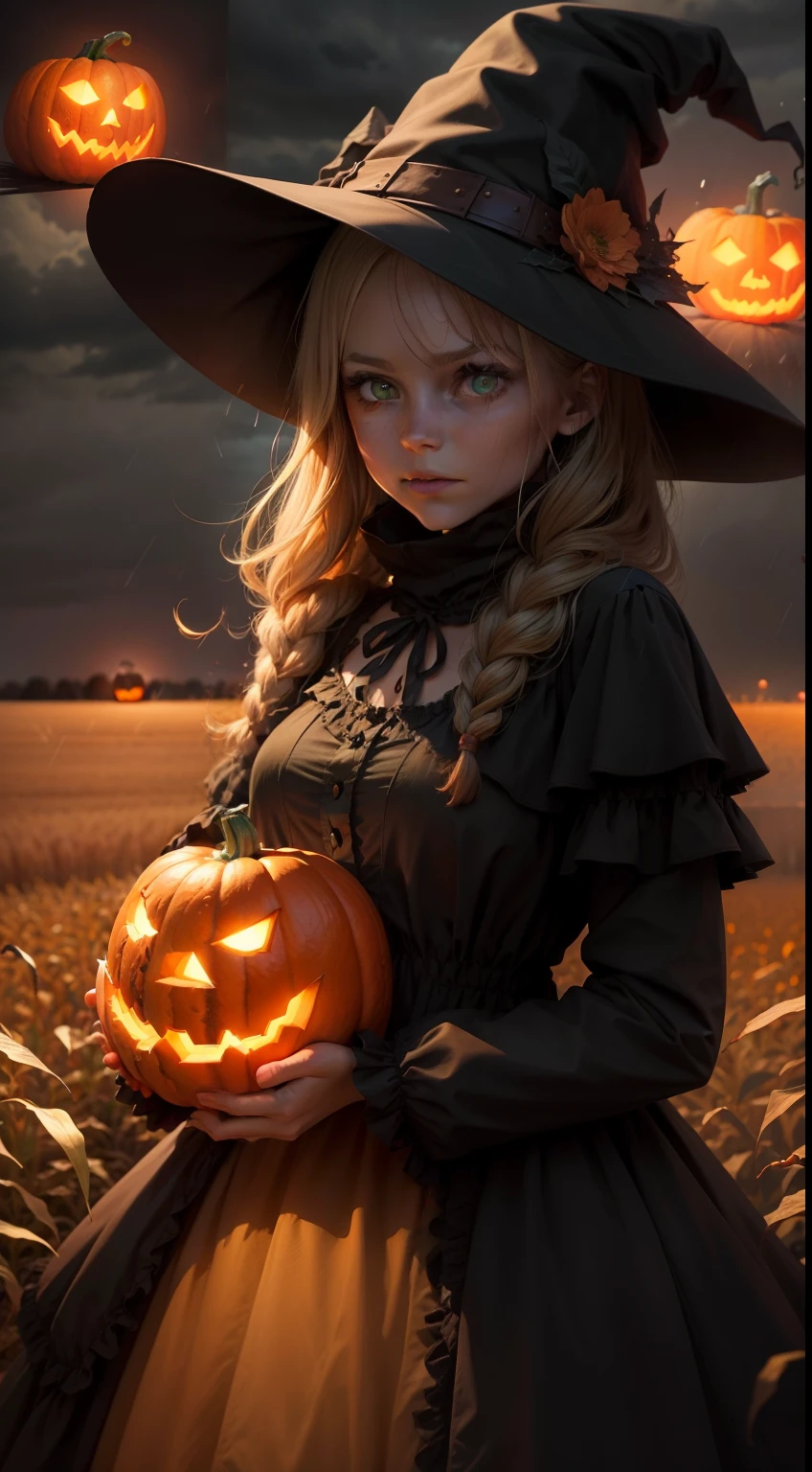 a scarecrow with a jack o'lantern head, night, fall weather, dark, creepy, cornfield, field on fire, rain, demonic, glowing green eyes, beautiful witch woman, wearing a which big