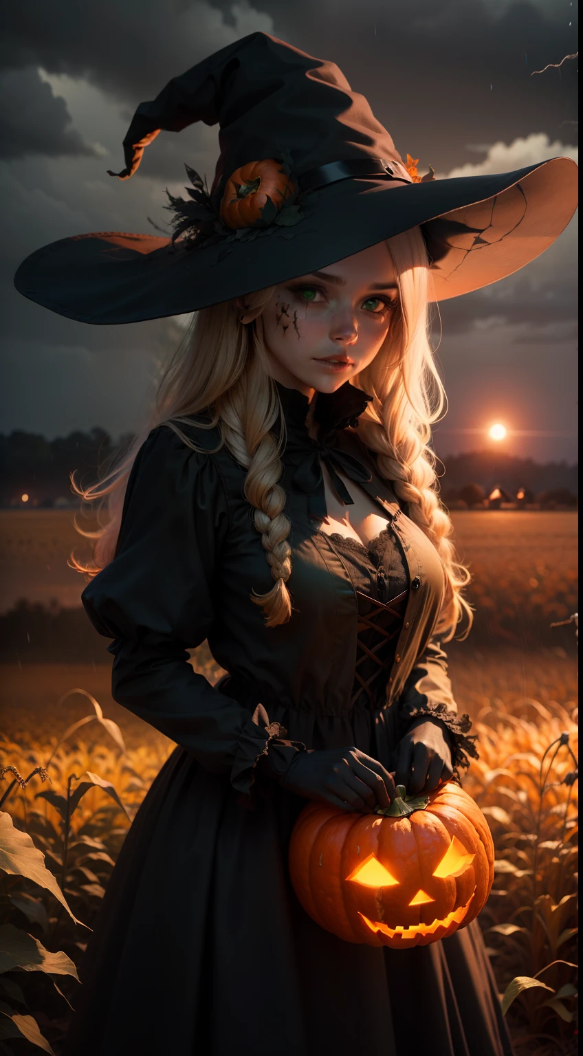 a scarecrow with a jack o'lantern head, night, fall weather, dark, creepy, cornfield, field on fire, rain, demonic, glowing green eyes, beautiful witch woman, wearing a which big
