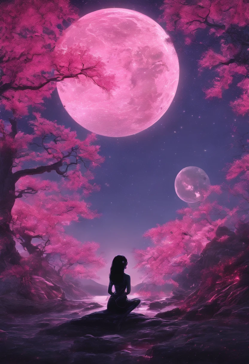 Masterpiece, Best quality, Night, Mountain, full moon, Long black hair, woman, Firefly, stars, Mysterious cherry blossom trees, Pink leaves, High quality, Beautiful graphics, High detail