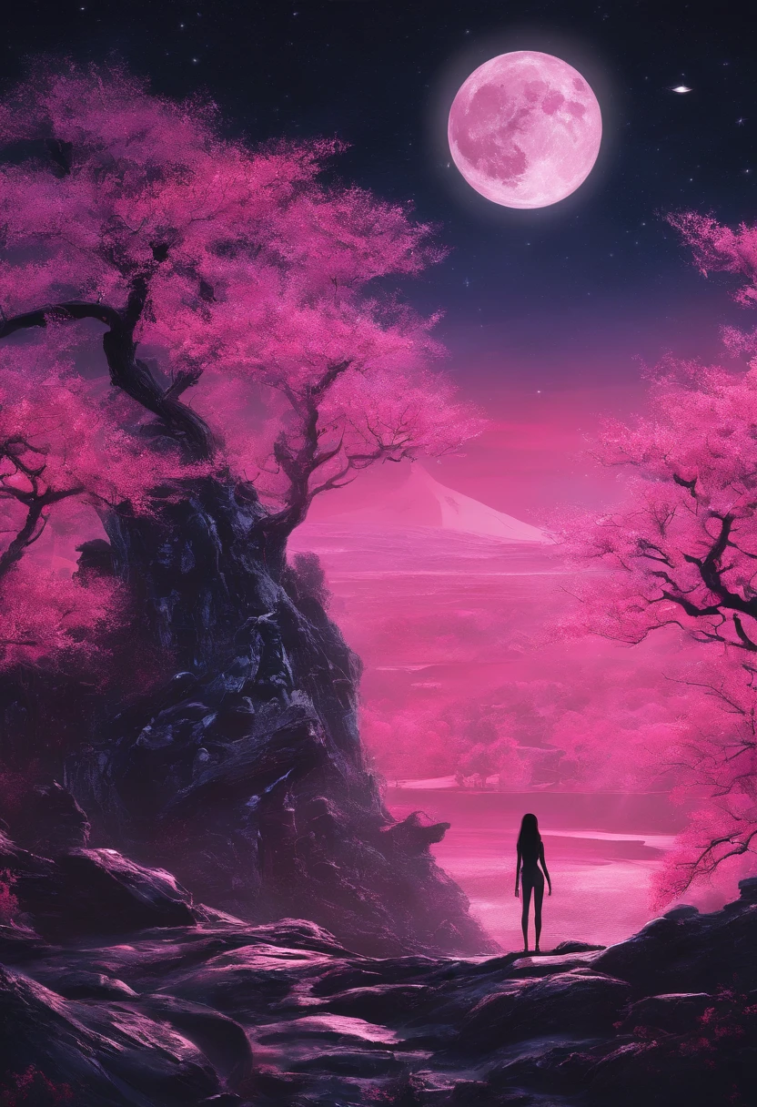 Masterpiece, Best quality, Night, Mountain, full moon, Long black hair, woman, Firefly, stars, Mysterious cherry blossom trees, Pink leaves, High quality, Beautiful graphics, High detail