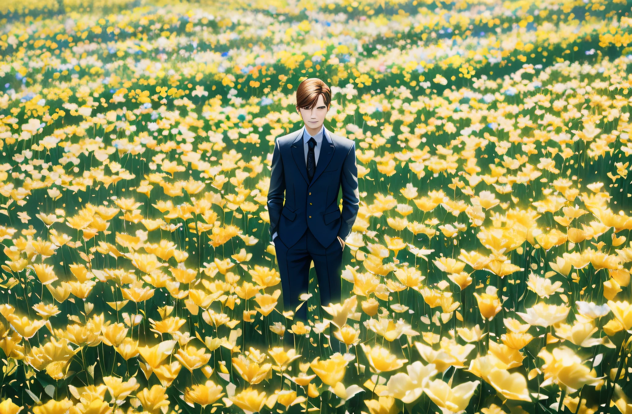 A man in a suit stands in a yellow flower field, surrounded by colorful flowers, Alan Turing, woman standing in flower field, Herren. Young handsome guy,brunette color hair, elegant flowers, Vibrant landscape, Detailed and realistic depiction, Oil painting medium, A high-resolution masterpiece:1.2, Ultra-detailed, professional portrait, Sharp focus, Vivid colors, Soft natural lighting, Bokeh.