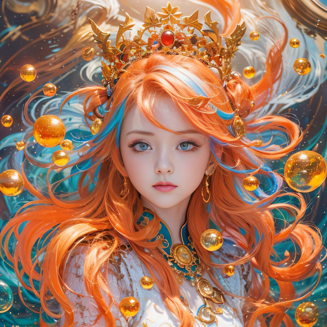 cyan colors,blue colors,enamel,agates,A flesh-colored world,Blood Girl 32K(tmasterpiece,k hd,Aoyama Pond,hyper HD,32K)Long flowing bright orange hair,blood pond,zydink, a color,Grumpy (Post-halo), (Linen scarf), Combat posture, looking at the ground, long whitr hair, Floating bright orange, Fire cloud pattern gold tiara, Chinese long-sleeved gold silk burgundy garment, (Abstract metaverse splash:1.2), white backgrounid,Lotus vitality protector(realisticlying:1.4),Bright purple hair,Smoke on the road,The background is pure, A high resolution, the detail, RAW photogr, Sharp Re, Nikon D850 Film Stock Photo by Jefferies Lee 4 Kodak Portra 400 Camera F1.6 shots, Rich colors, ultra-realistic vivid textures, Dramatic lighting, Unreal Engine Art Station Trend, cinestir 800,A girl with long flowing bright orange hair,Huge multicolored bubbles
