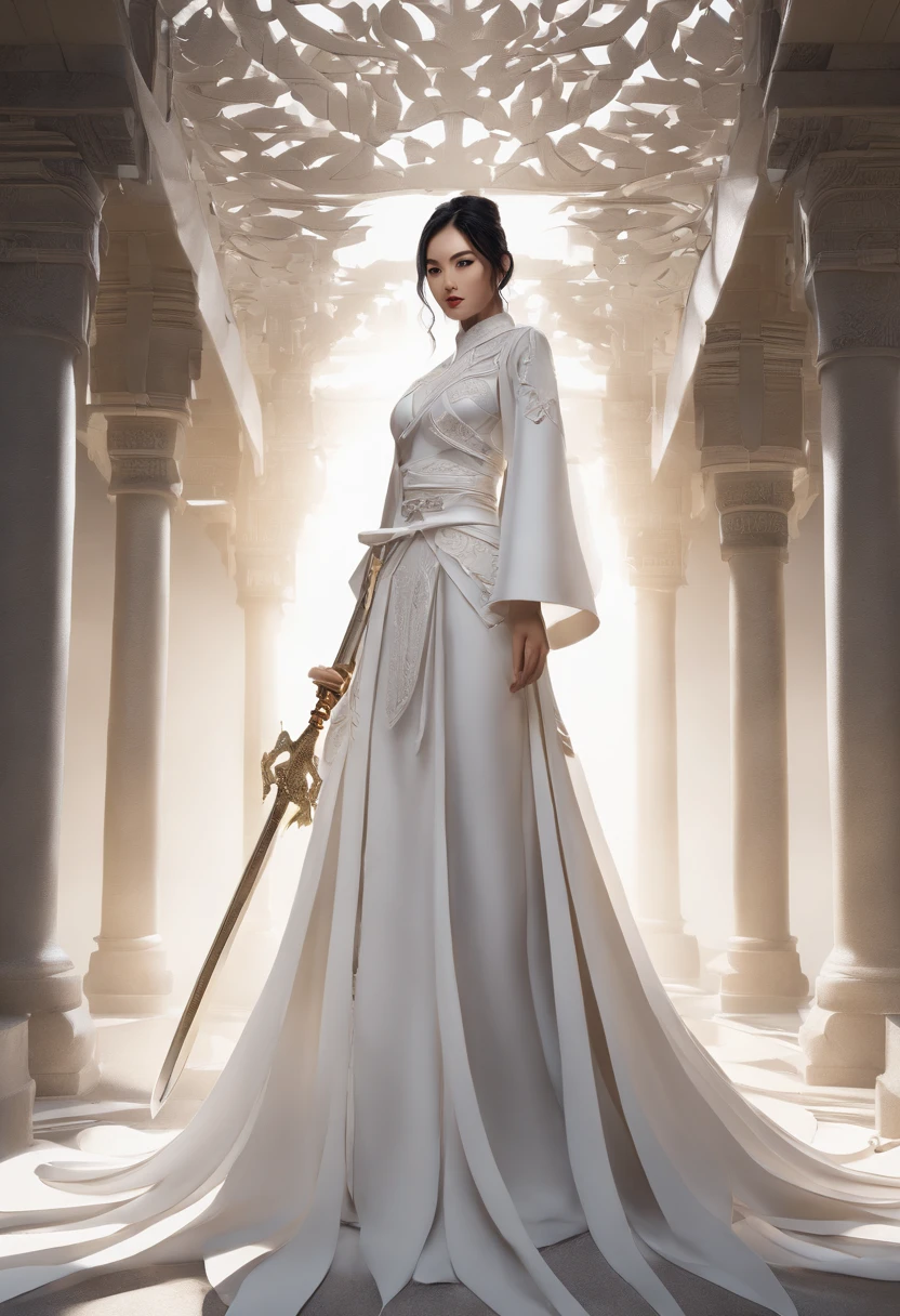 a close up of a woman in a white dress with a sword, a character portrait by Yang J, trending on CGSociety, Fantasy art, Beautiful character painting, Guviz-style artwork, Guviz, White Hanfu, Flowing white robe, full-body wuxia, epic exquisite character art, Stunning character art, beautiful female assassin