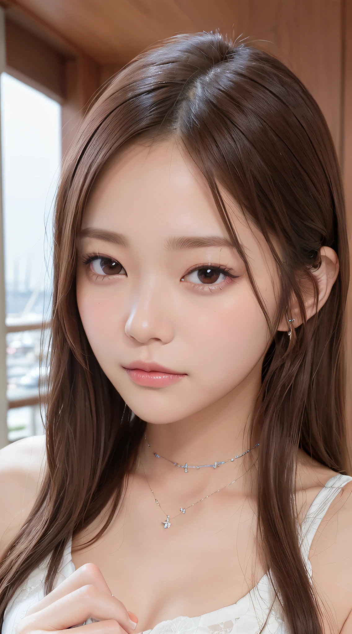 1womanl, (up of face:1.5), light brown hair, Blunt bangs, hair behind ear, hair over shoulder, Long hair, Ultra Fine Face, Thin face, Delicate lips, (beautidful eyes:1.5), thin blush, eyes are light brown,View here, Ultra-thin hands, Ultra-fine fingers, best ratio four finger and one thumb, white jaket, a choker ,(Port Area) ,One-person viewpoint,  8K, masutepiece, nffsw, Super Detail, High quality, Best Quality, hight resolution,