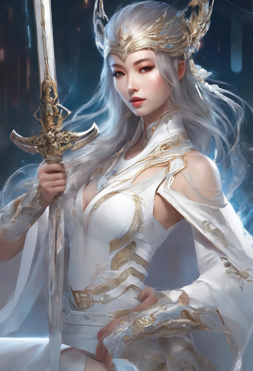 a close up of a woman in a white dress with a sword, a character portrait by Yang J, trending on CGSociety, Fantasy art, Beautiful character painting, Guviz-style artwork, Guviz, White Hanfu, Flowing white robe, full-body wuxia, epic exquisite  character art, Stunning character art, beautiful female assassin