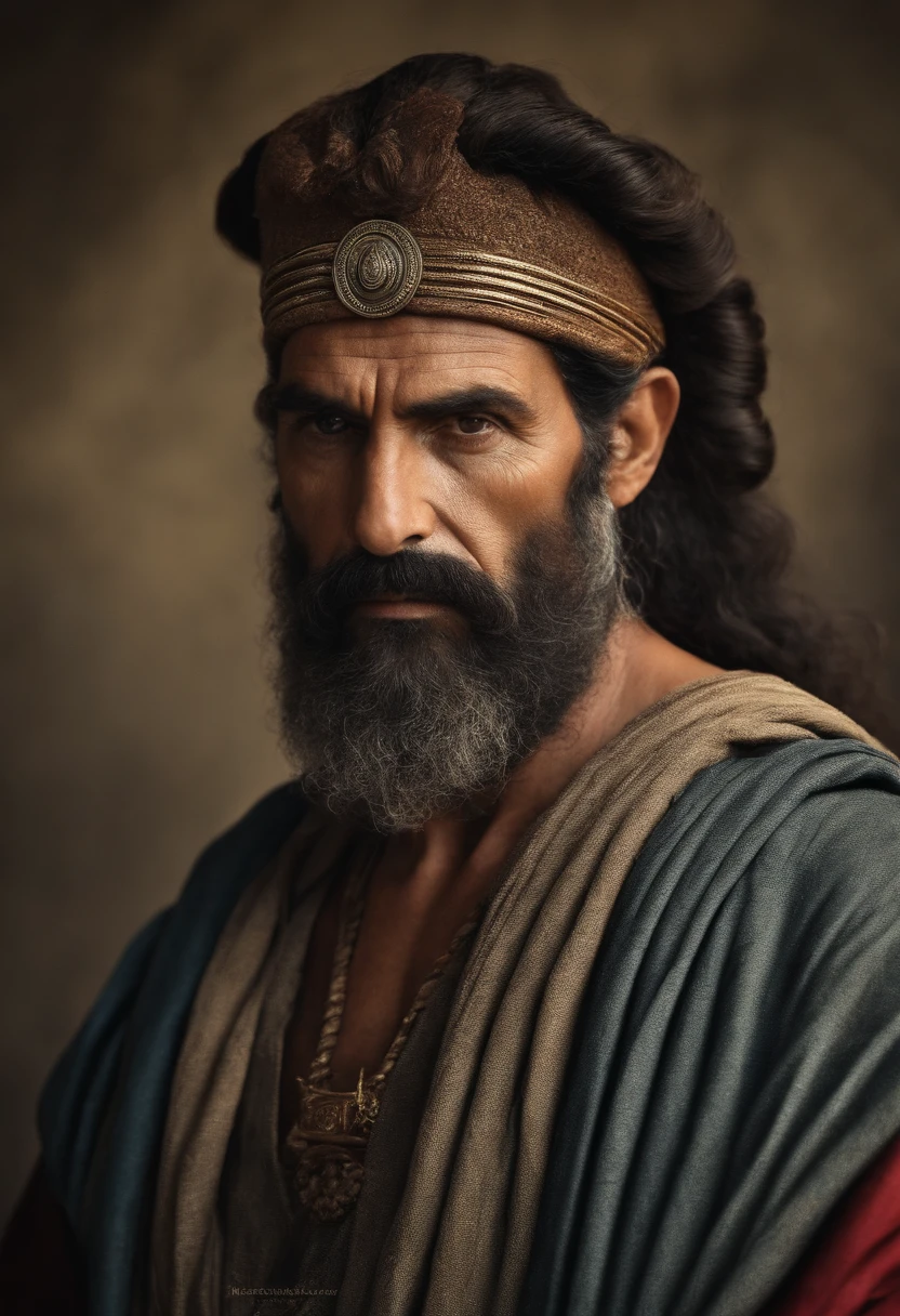 "Half-body photo of a wise and imposing man, de 40 anos, magro, barbudo e com cabelos grisalhos, with a serious expression and an air of experience. highes definition. Inspiration of ancient Greek man."