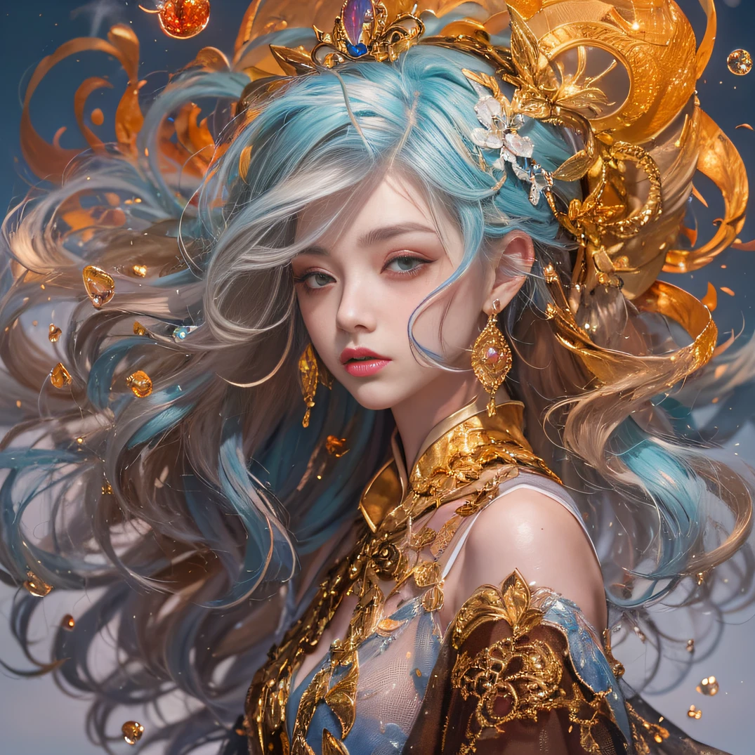 cyan colors,blue colors,enamel,agates,A flesh-colored world,Blood Girl 32K(tmasterpiece,k hd,Aoyama Pond,hyper HD,32K)Long flowing bright orange hair,blood pond,zydink, a color,Grumpy (Post-halo), (Linen scarf), Combat posture, looking at the ground, long whitr hair, Floating bright orange, Fire cloud pattern gold tiara, Chinese long-sleeved gold silk burgundy garment, (Abstract metaverse splash:1.2), white backgrounid,Lotus vitality protector(realisticlying:1.4),Bright purple hair,Smoke on the road,The background is pure, A high resolution, the detail, RAW photogr, Sharp Re, Nikon D850 Film Stock Photo by Jefferies Lee 4 Kodak Portra 400 Camera F1.6 shots, Rich colors, ultra-realistic vivid textures, Dramatic lighting, Unreal Engine Art Station Trend, cinestir 800,A girl with long flowing bright orange hair,Huge multicolored bubbles