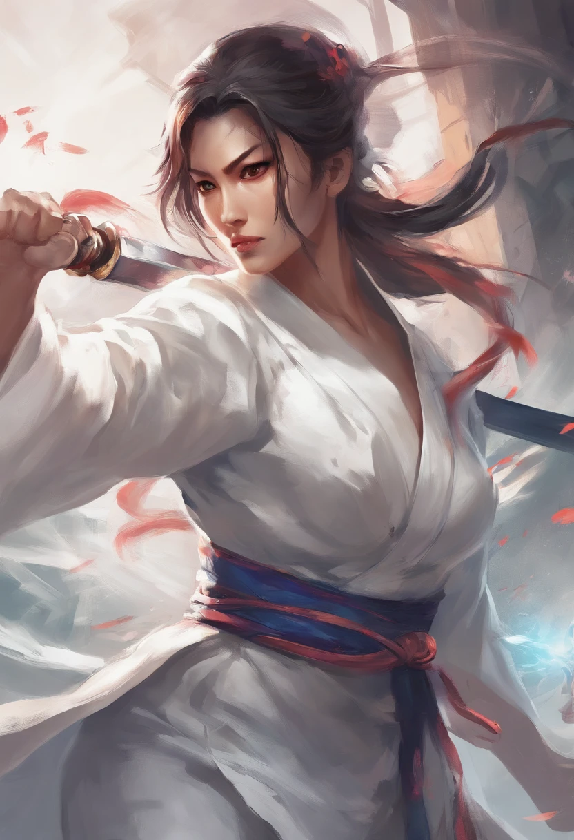 a close up of a woman in a white dress with a sword, a character portrait by Yang J, trending on CGSociety, Fantasy art, Beautiful character painting, Guviz-style artwork, Guviz, White Hanfu, Flowing white robe, full-body wuxia, epic exquisite character art, Stunning character art, beautiful female assassin