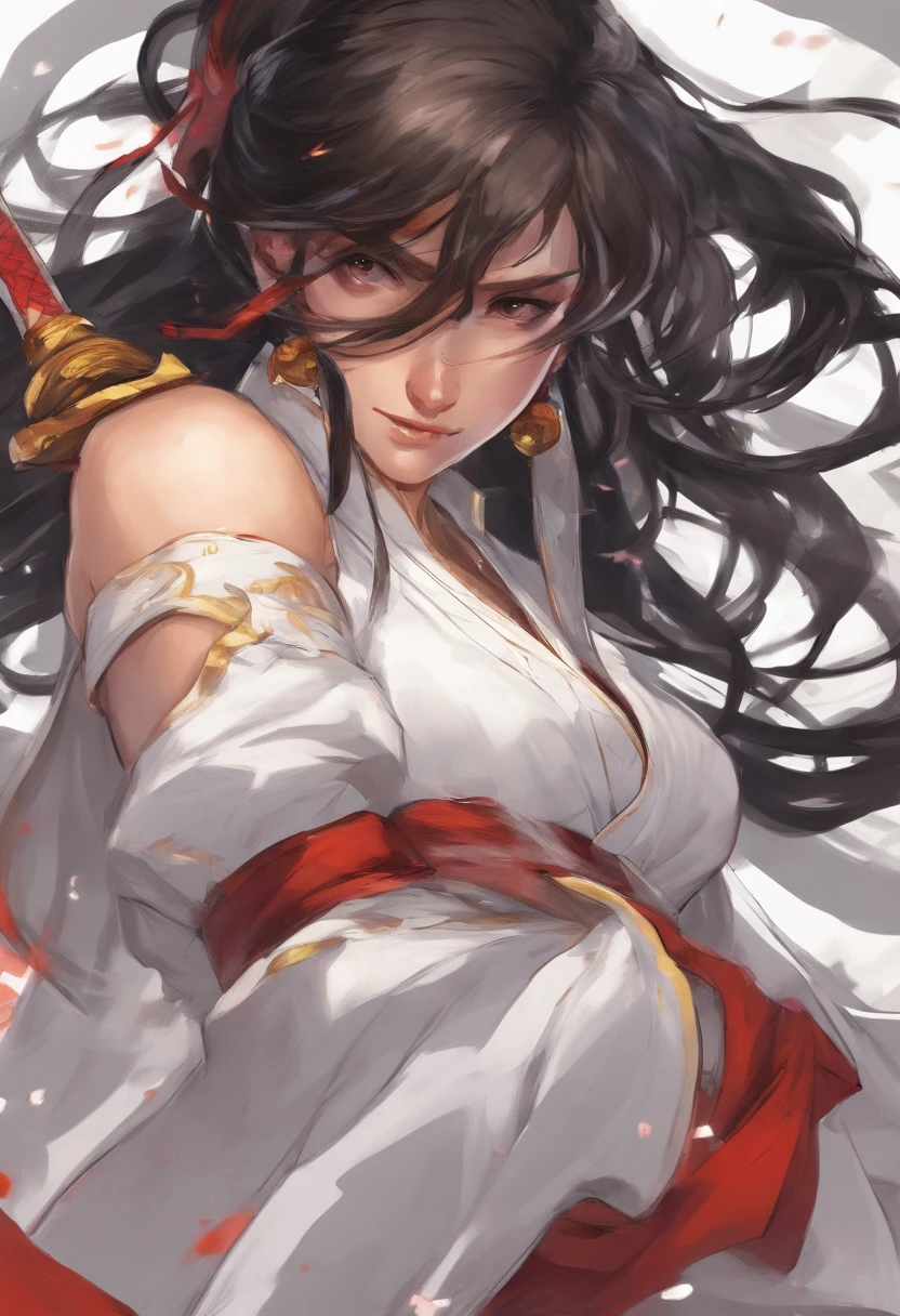 a close up of a woman in a white dress with a sword, a character portrait by Yang J, trending on CGSociety, Fantasy art, Beautiful character painting, Guviz-style artwork, Guviz, White Hanfu, Flowing white robe, full-body wuxia, epic exquisite character art, Stunning character art, beautiful female assassin