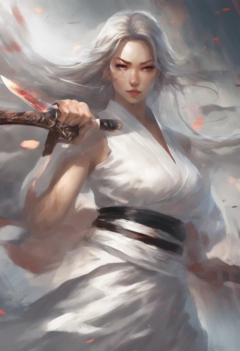 a close up of a woman in a white dress with a sword, a character portrait by Yang J, trending on CGSociety, Fantasy art, Beautiful character painting, Guviz-style artwork, Guviz, White Hanfu, Flowing white robe, full-body wuxia, epic exquisite character art, Stunning character art, beautiful female assassin