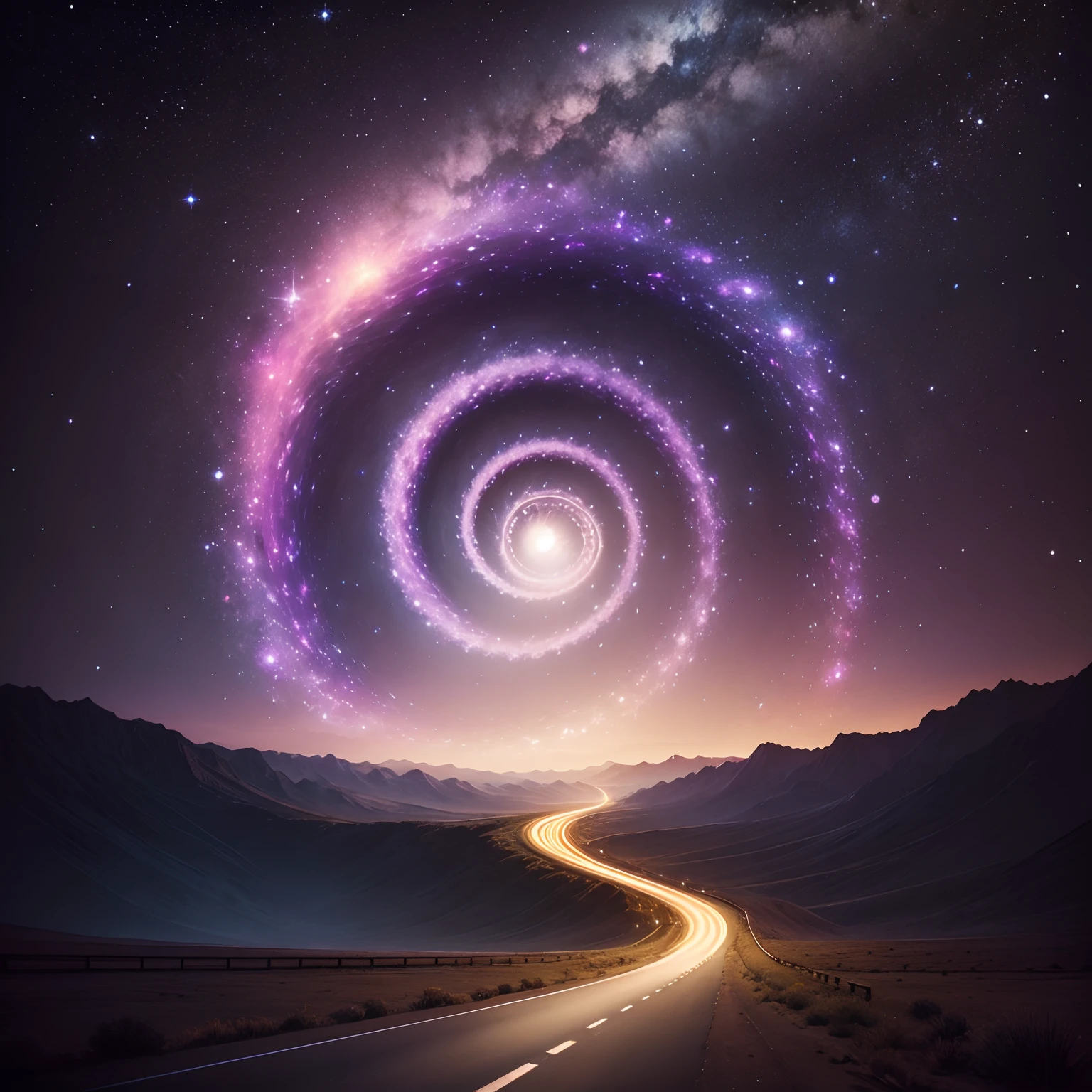 the universe background, spiral, infinity, spiritual, divine, enlightment, wide shot, road toward back