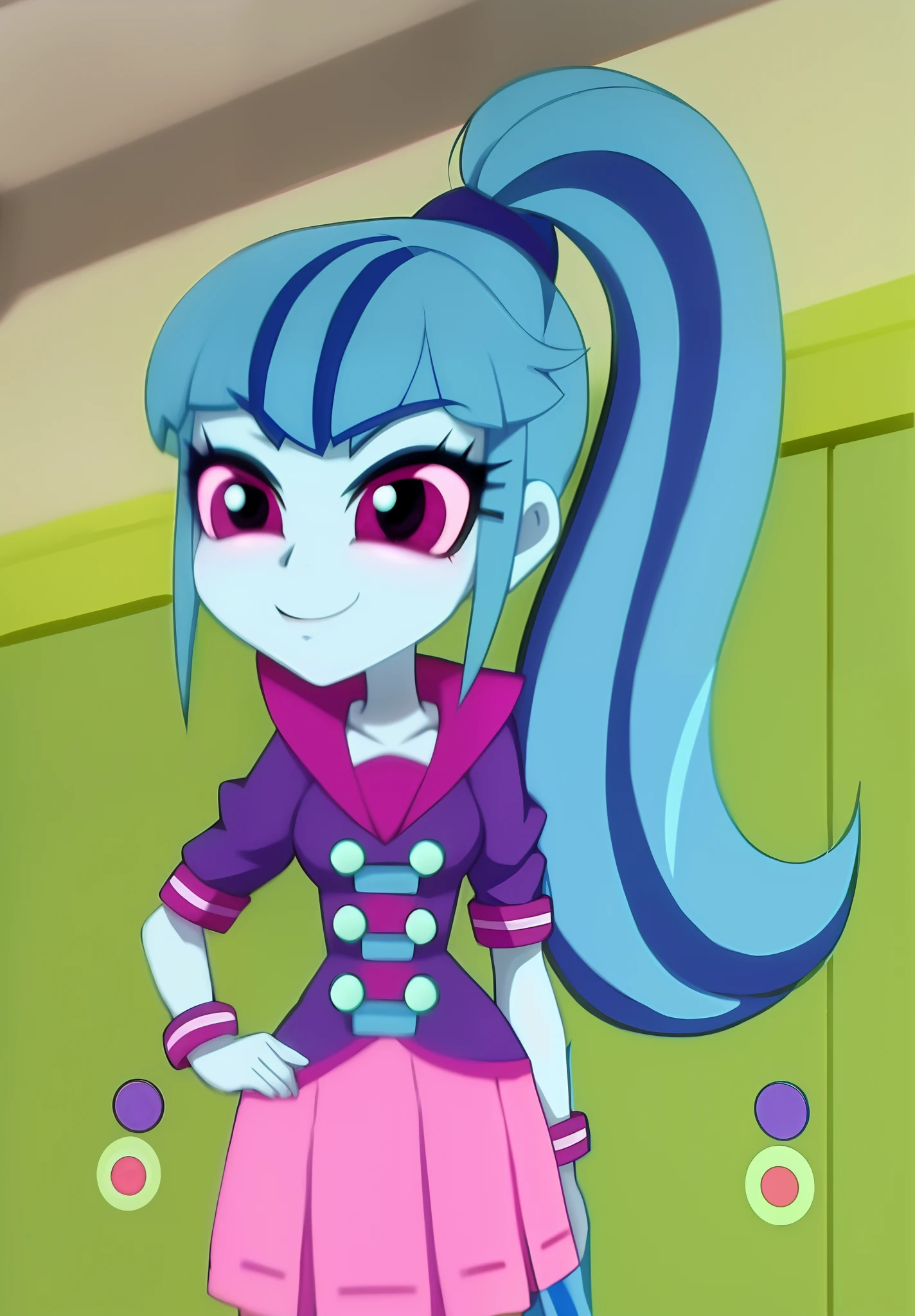 a close up of a cartoon girl with blue hair and a pink dress, magic school uniform, teal uniform, wearing rr diner uniform, she has pale blue skin!!!, nefarious smirk, anime style”, her hair is in a pony tail, giddy smirk, in school hallway, magical school student uniform, in a space cadet outfit, equestria