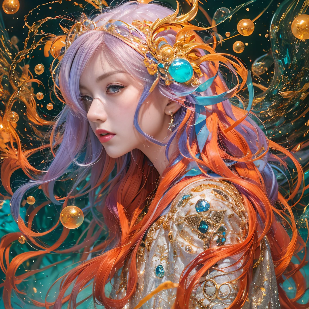 cyan colors，blue colors，enamel，agates，A flesh-colored world，Blood Girl 32K（tmasterpiece，k hd，Aoyama Pond，hyper HD，32K）Long flowing bright orange hair，blood pond，zydink， a color，Grumpy （Post-halo）， （Linen scarf）， Combat posture， looking at the ground， long whitr hair， Floating bright orange， Fire cloud pattern gold tiara， Chinese long-sleeved gold silk burgundy garment， （Abstract metaverse splash：1.2）， white backgrounid，Lotus vitality protector（realisticlying：1.4），Bright purple hair，Smoke on the road，The background is pure， A high resolution， the detail， RAW photogr， Sharp Re， Nikon D850 Film Stock Photo by Jefferies Lee 4 Kodak Portra 400 Camera F1.6 shots, Rich colors, ultra-realistic vivid textures, Dramatic lighting, Unreal Engine Art Station Trend, cinestir 800，A girl with long flowing bright orange hair，Huge multicolored bubbles