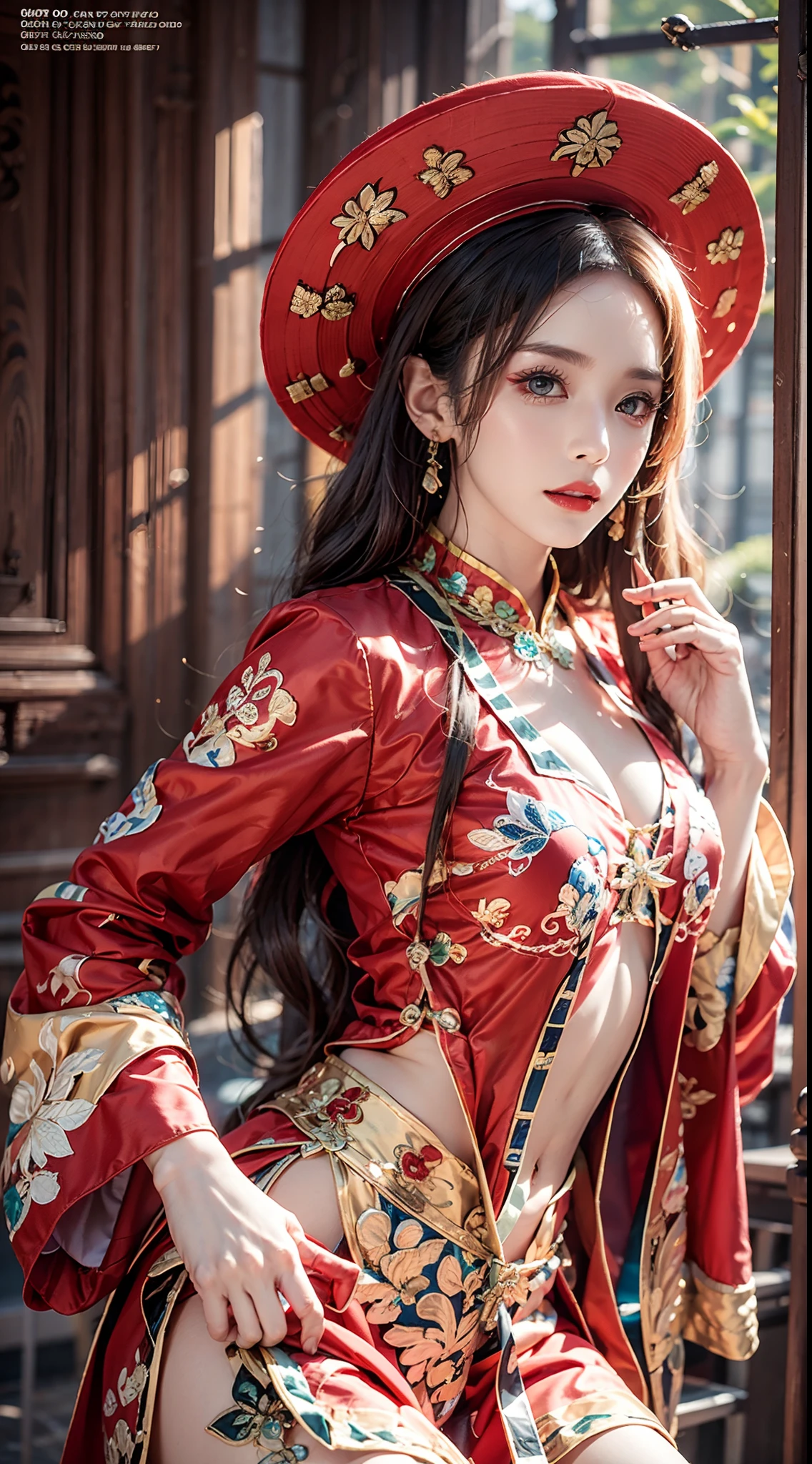 photorealistic, masterpiece, photorealistic, high resolution, soft light, hips up, Nhat Binh, hat, Traditional Vietnamese costumes, full costume