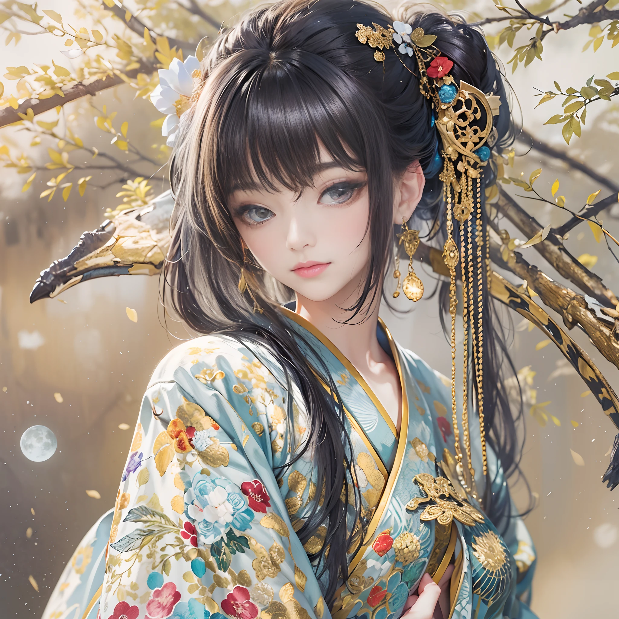 Try to give your audience a bouquet、
watching at viewers、for the background(ancient city:1.2)And the moon、((dense background))、poneyTail、Woman with shiny black hair、perfect hand、BREAK {{{Luxury kimono(Colorful kimono(Detailed golden embroidery,))}}}、face perfect,Depict a beautiful and graceful woman of Japan。poneyTail、Heart in the eye。full body Esbian。 Wallpaper 8K, .Blur the background with a sickle,((masutepiece)), ((Best Quality))