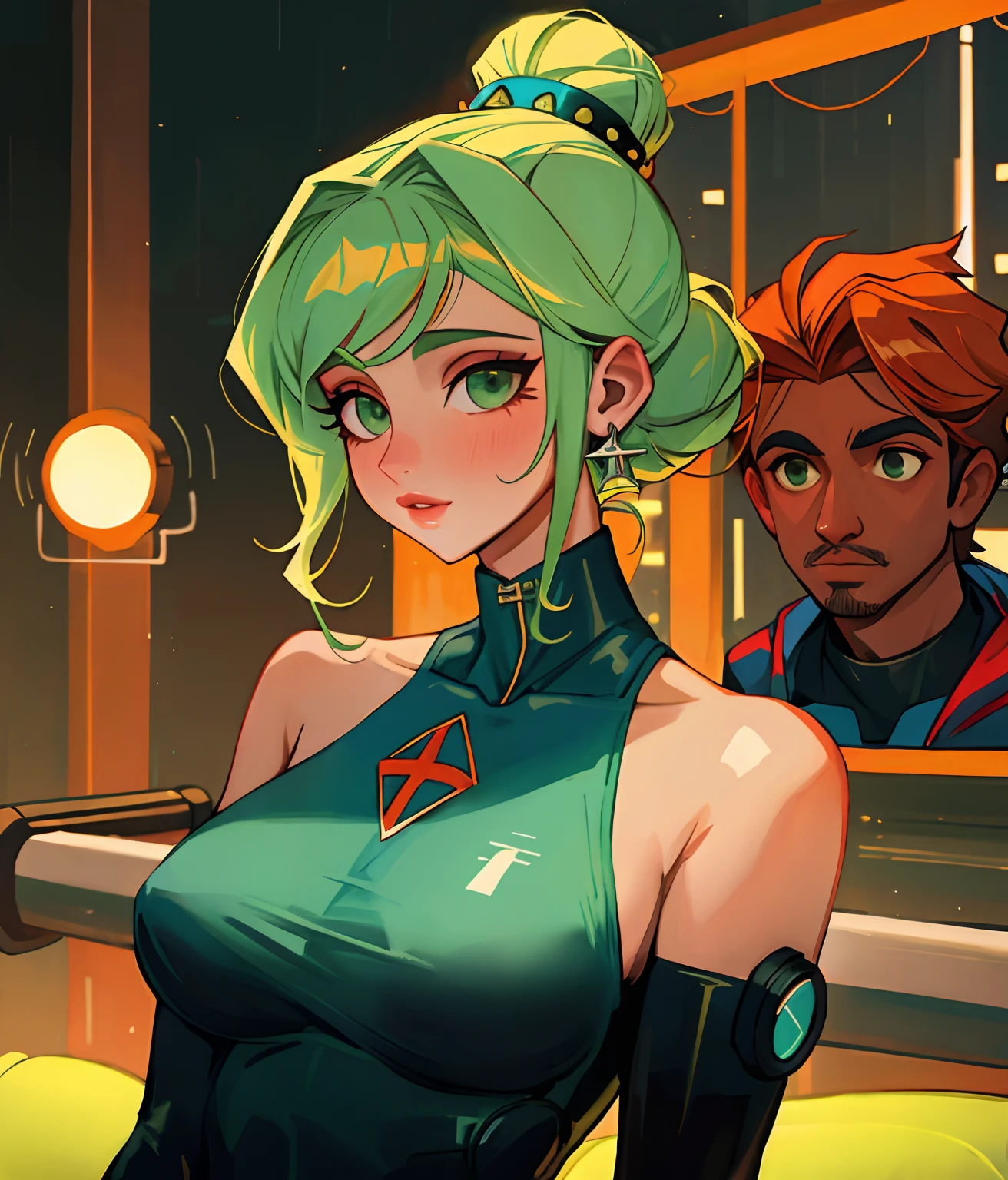 ((melhor qualidade)), ultra-detalhada,Woman with complex clothes head deep neckline, bareshoulders, recorte acima do umbigo, sem mangas, ombros despido, modelo bonito da mulher, sexy, seios grandes, gostosa, dingy gym, Cyberpunk, dingy gym, rosto bonito eyes beautiful lips, NSFW viva