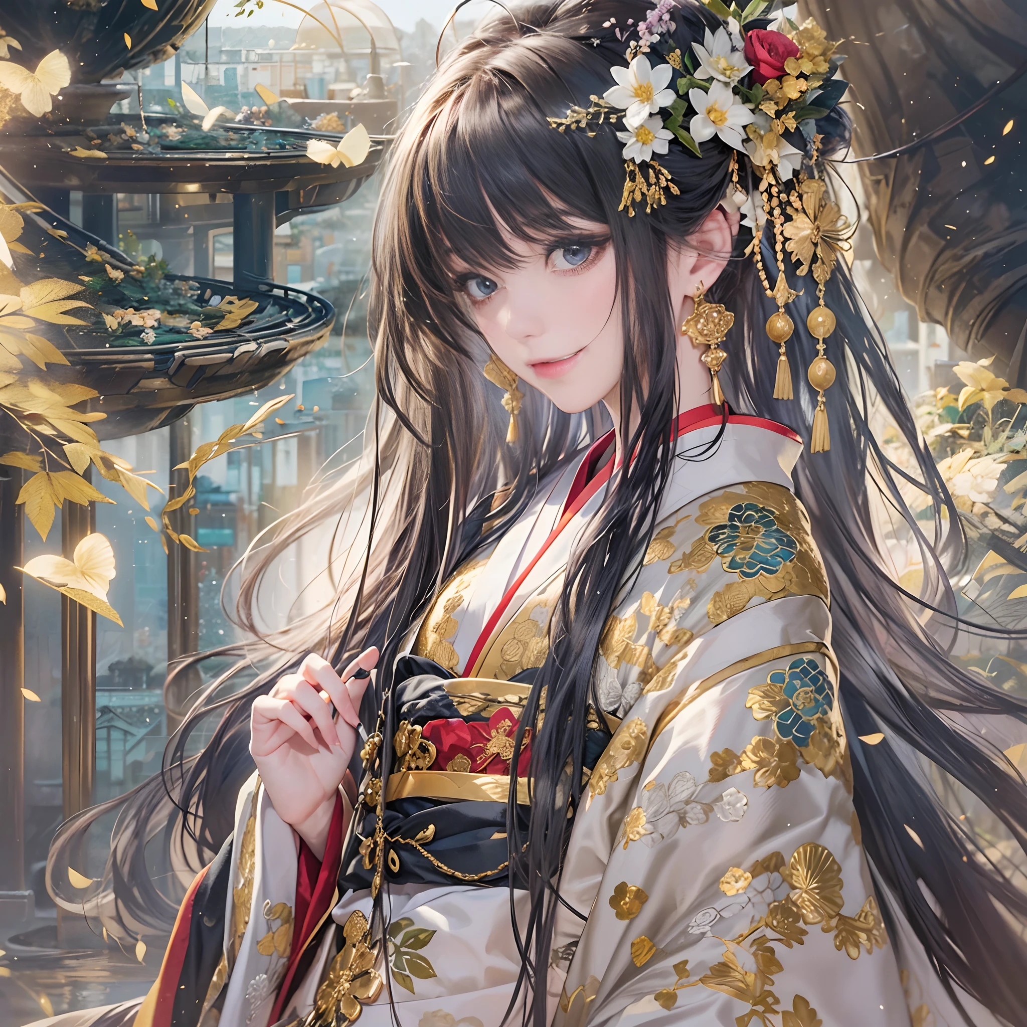 Try to give your audience a bouquet、
watching at viewers、for the background(ancient city:1.2)And the moon、((dense background))、poneyTail、Woman with shiny black hair、perfect hand、BREAK {{{Luxury kimono(Colorful kimono(Detailed golden embroidery,))}}}、face perfect,Depict a beautiful and graceful woman of Japan。poneyTail、Heart in the eye。full body Esbian。 Wallpaper 8K, .Blur the background with a sickle,((masutepiece)), ((Best Quality))